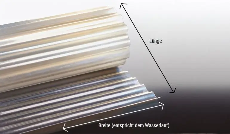 Erhältlich als Rollenware à 5, 10, 15, 20, 25 und 30 m in acht Größen von 1000 bis 4000 mm (Rollenhöhe = Wasserlauf) 