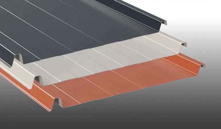 Stahltrapezbleche in 3 verschiedenen Farben (Anthrazit, Grau und Rot) in Detailaufnahme