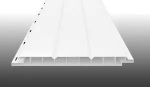 In 3000 und 6000 mm Länge bestellbar: Weißes 17 mm Paneel aus PVC mit 3-Brett-Optik und 250 mm Deckbreite