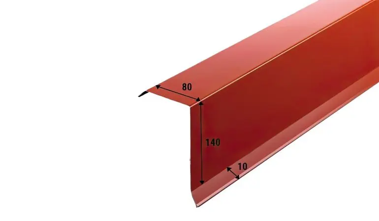 Die Ortgangsbleche haben eine breite von 80 mm, der Wetterschenkel misst 140 mm und die abgeschrägte Bördelkante ist 10 mm lang.