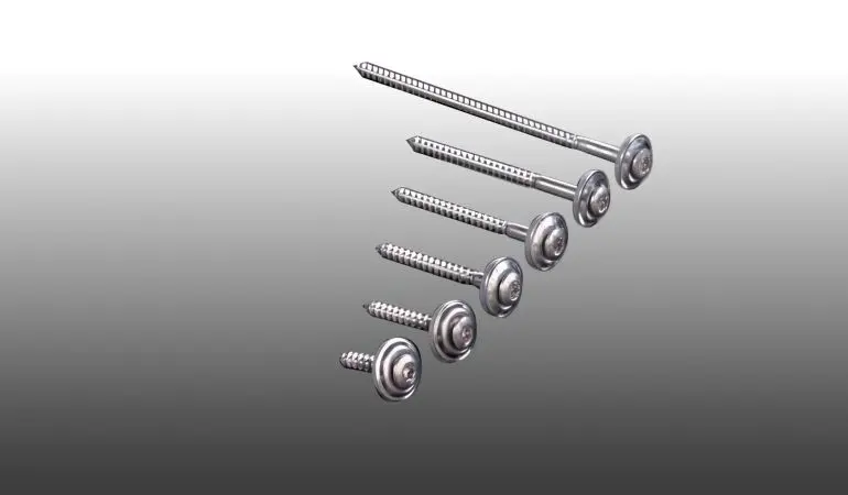 4,5 mm Spenglerschrauben für Wellplatten (V2A) mit Dichtungsscheibe. Verfügbar in 35, 45, 55, 65, 80 und 100 mm
