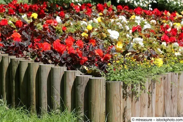 Aus Holzpalisaden gestaltetes Hochbeet für Zierblumen