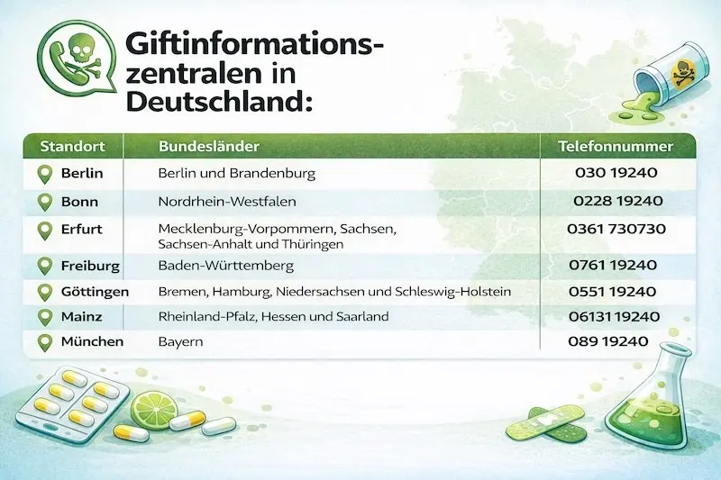 Telefonnummern der Giftinformationszentralen für die Bundesländer in Deutschland