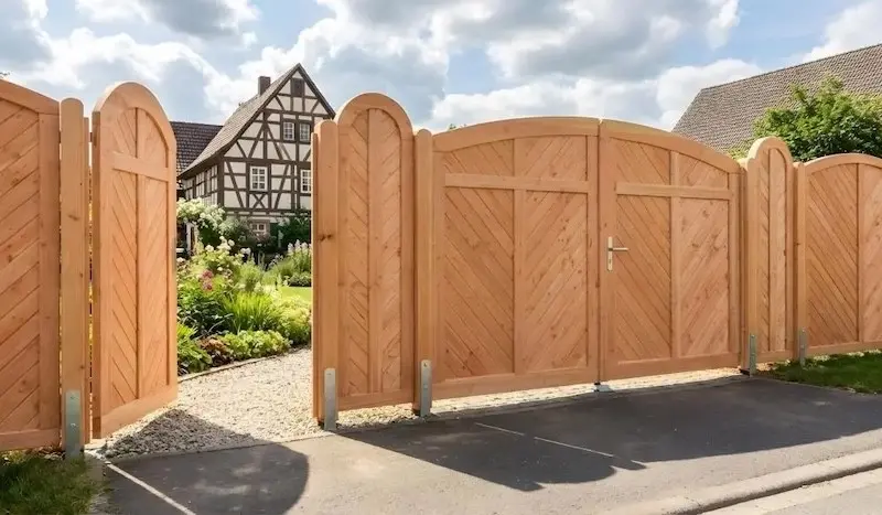 Sichtschutzzaun aus Holz mit Durchgang und Durchfahrt