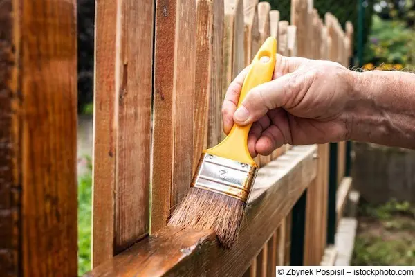 Mann pflegt Holzzaun mit Lasur