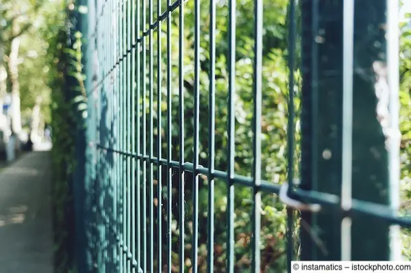 Feuerverzinkte und grün pulverbeschichtete Stabgittermatte an Grundstücksgrenze