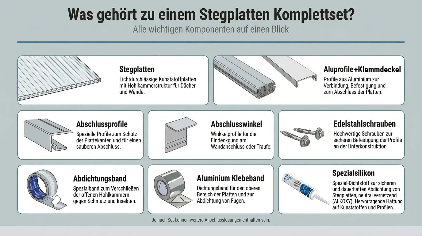 Lieferumfang unserer Stegplatten Komplettsets