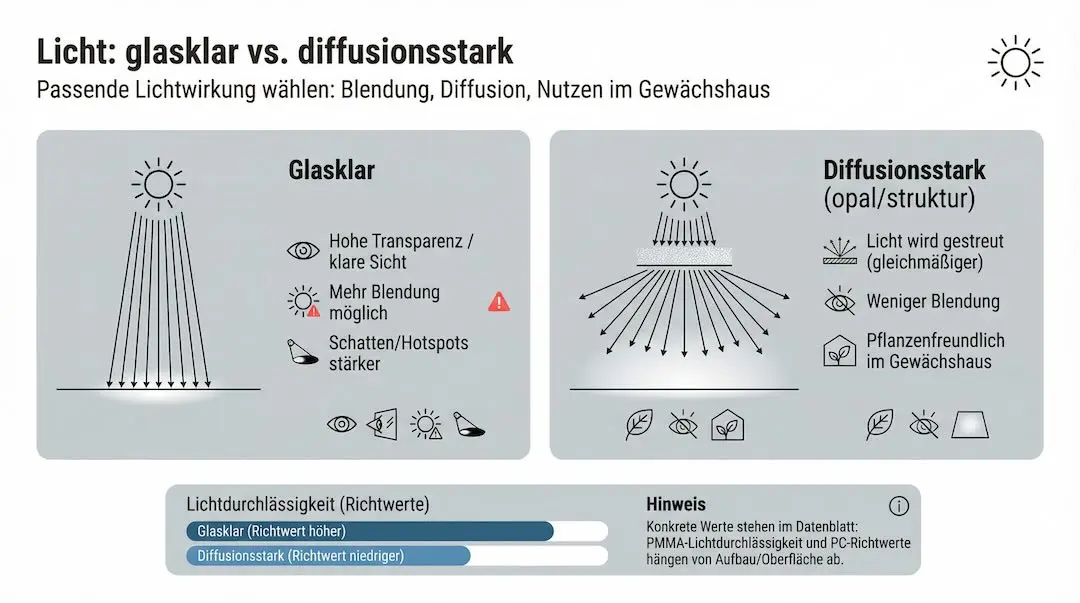 Diagrammvergleich Lichtwirkung: glasklar mit gebündelten Lichtstrahlen und Hotspots versus diffusionsstark (opal/struktur) mit gestreutem, gleichmäßigem Licht; Hinweise zu Blendung und Nutzen im Gewächshaus.