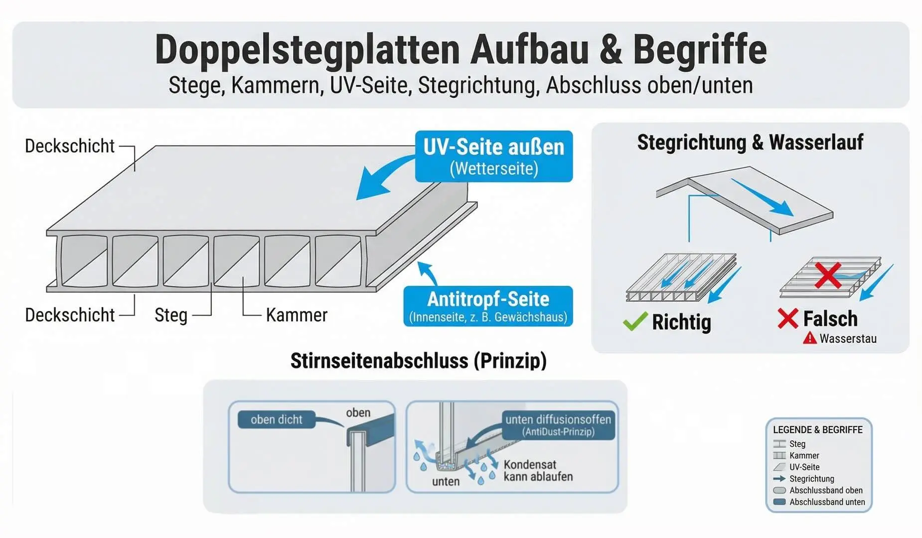 Infografik zum Aufbau und zu den Begriffen bei Doppelstegplatten