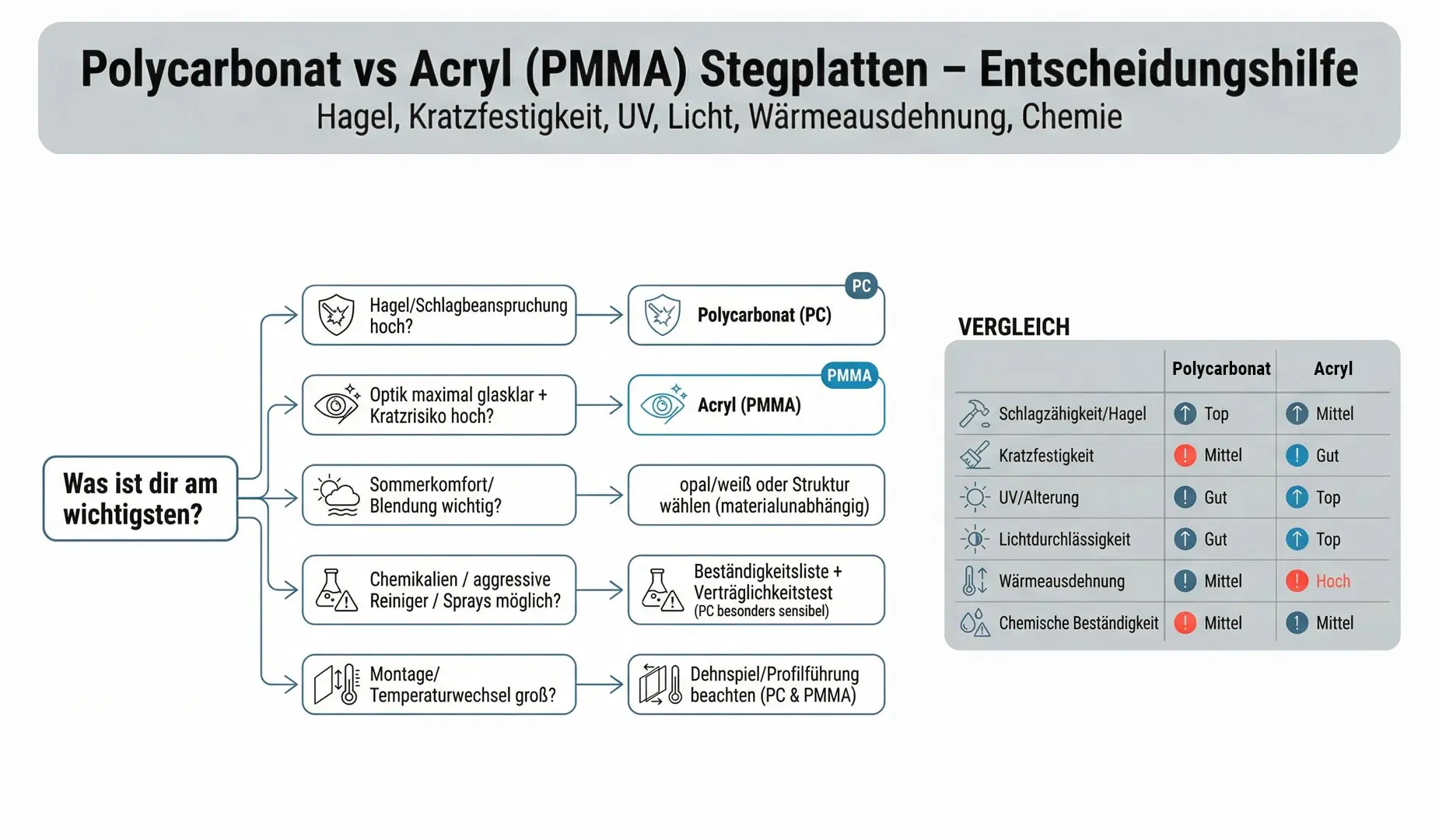 Entscheidungsbaum zur Wahl zwischen Polycarbonat und Acryl (PMMA) Stegplatten nach Kriterien wie Hagel, Kratzrisiko, UV, Chemie und Montage.
