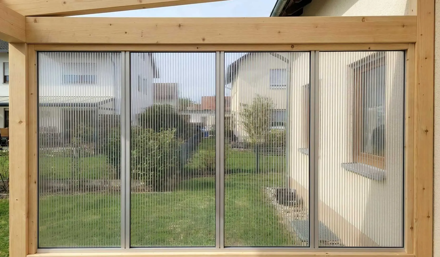 Freistehendes Doppelstegplatten-Seitenteil als Wind- und Sichtschutz an einer überdachten Terrasse