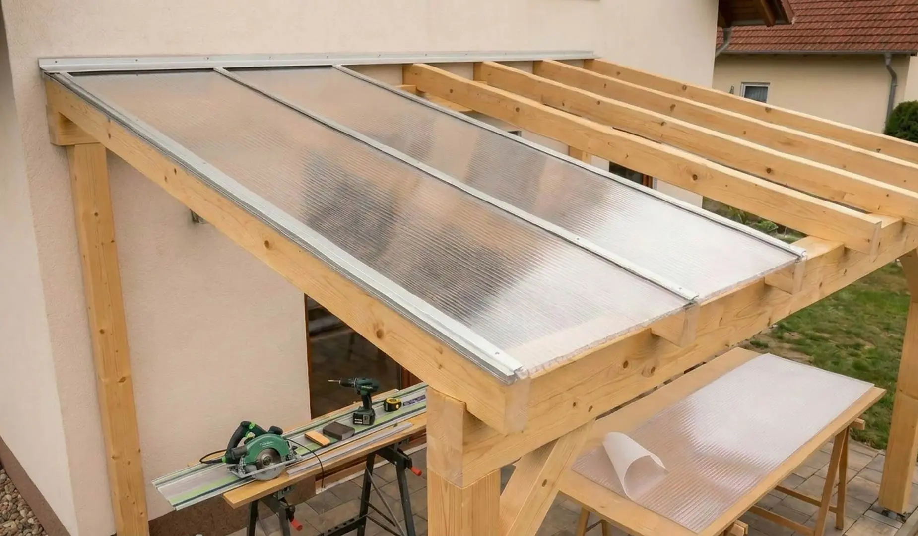 Werkzeuge und Material zum Zuschneiden und Bohren von Doppelstegplatten auf einer Baustelle