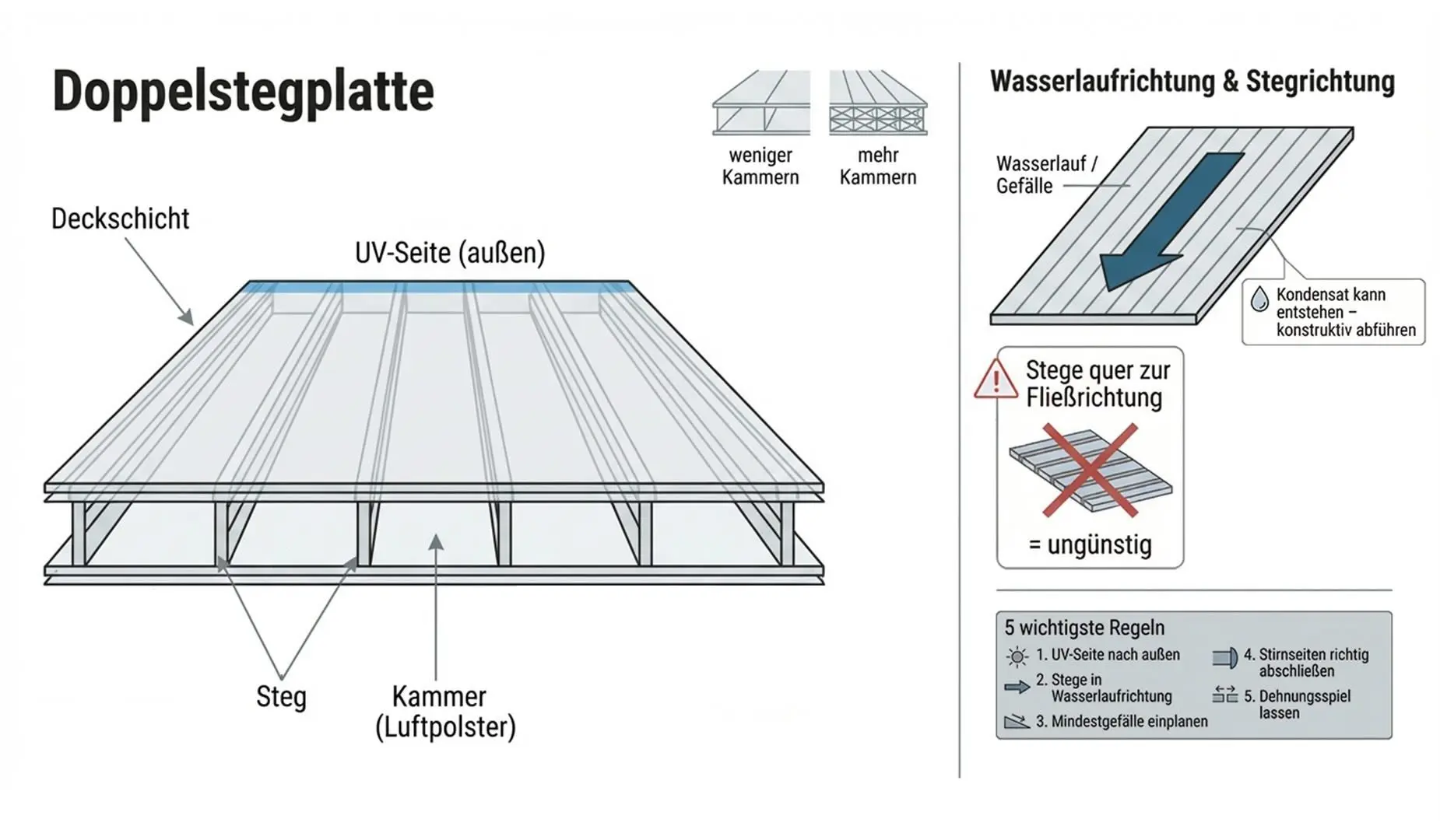 Infografik zum Aufbau einer Doppelstegplatte mit Stegen, Kammern, Wasserlaufrichtung und Stegrichtung