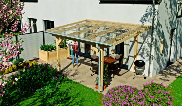 Holz Terrassenüberdachung für die Selbstmontage inklusive Unterkonstruktion, Eindeckung und Entwässerungssystem